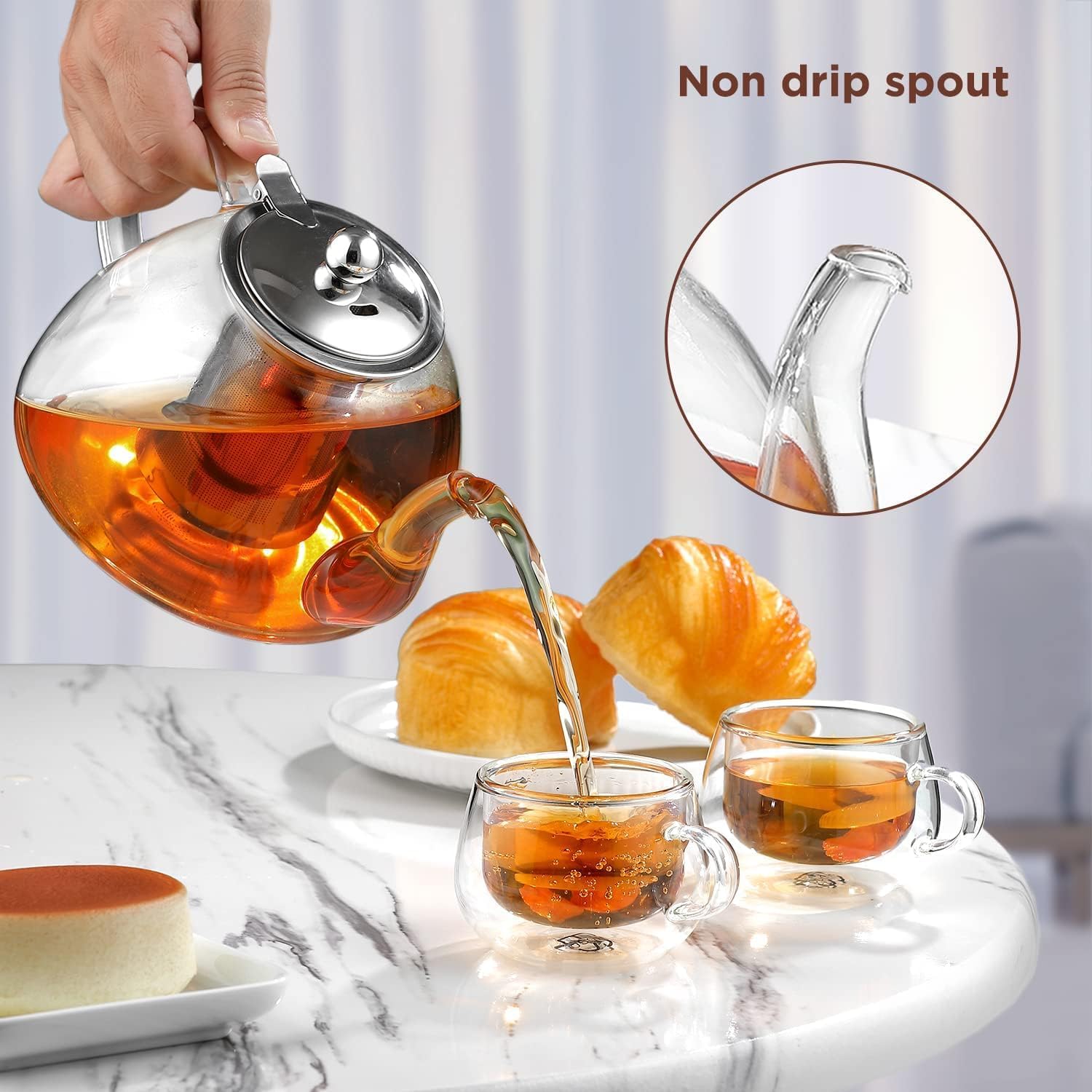 Ehugos Glass Teapot, 1300ml/44 oz Stovetop Safe Glass Teapot with Removable Stainless Infuser for Loose Leaf Tea, Hot/Iced Water, Juice Beverage