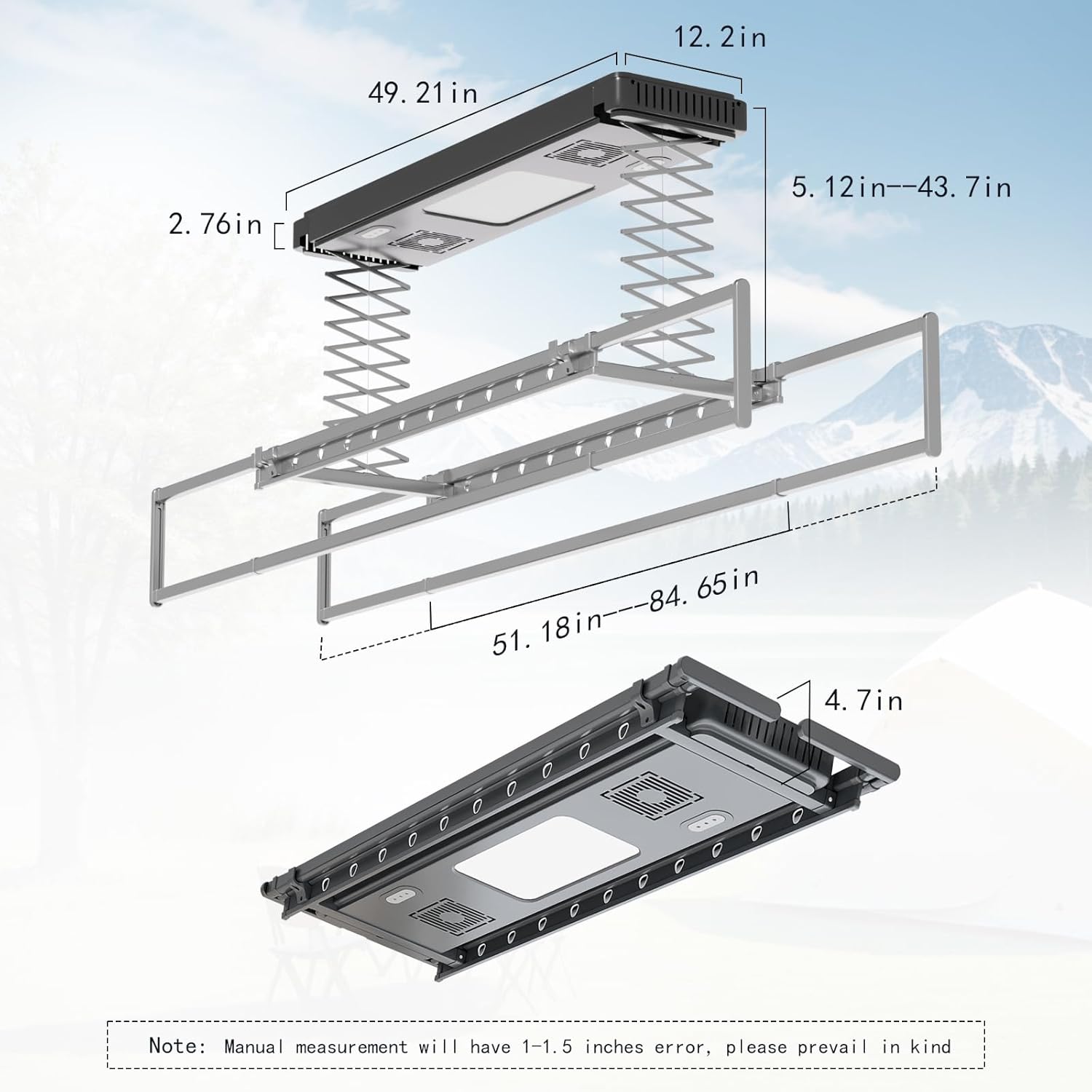 Ceiling Mounted Clothes Electric Ceiling Drying Rack 110V-120V, Ceiling Clothesline with Built-in Timer Heater,withDrying/Remote and Light 24W for Laundry/Indoors/Garage