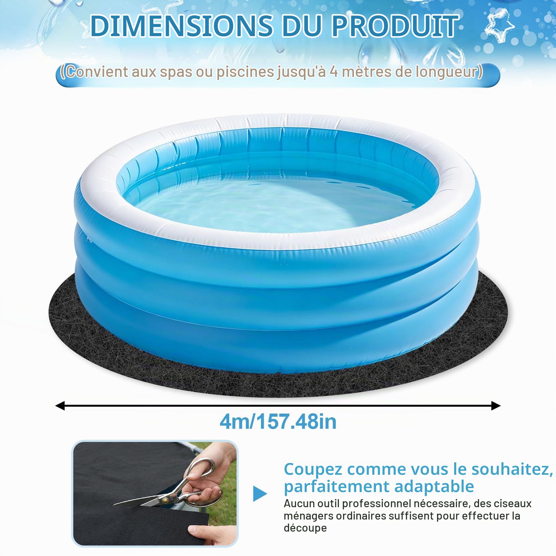 TZEKING Tapis de Sol pour Piscine 4m Rond, Bâche de Protection en Géotextile 200g/m², Antidérapant et Absorbant l'eau pour Piscine Hors Sol, Pliable et Résistant pour Jacuzzi et Spa