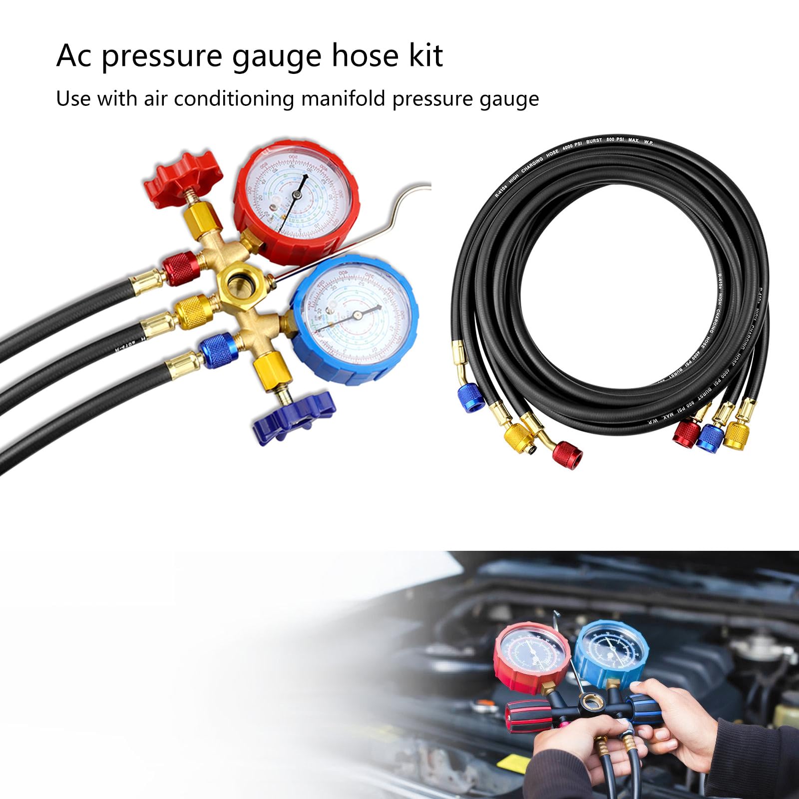 Tubo di ricarica professionale HVAC Set 3 tubi flessibili codificati a colori con valvole per refrigeranti multipli R1234YF R404A