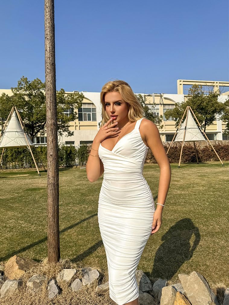 BEAGIMEG Women's Sexy Bodycon Sleeveless Ruched Mesh Club Party Midi Dress - Image 8