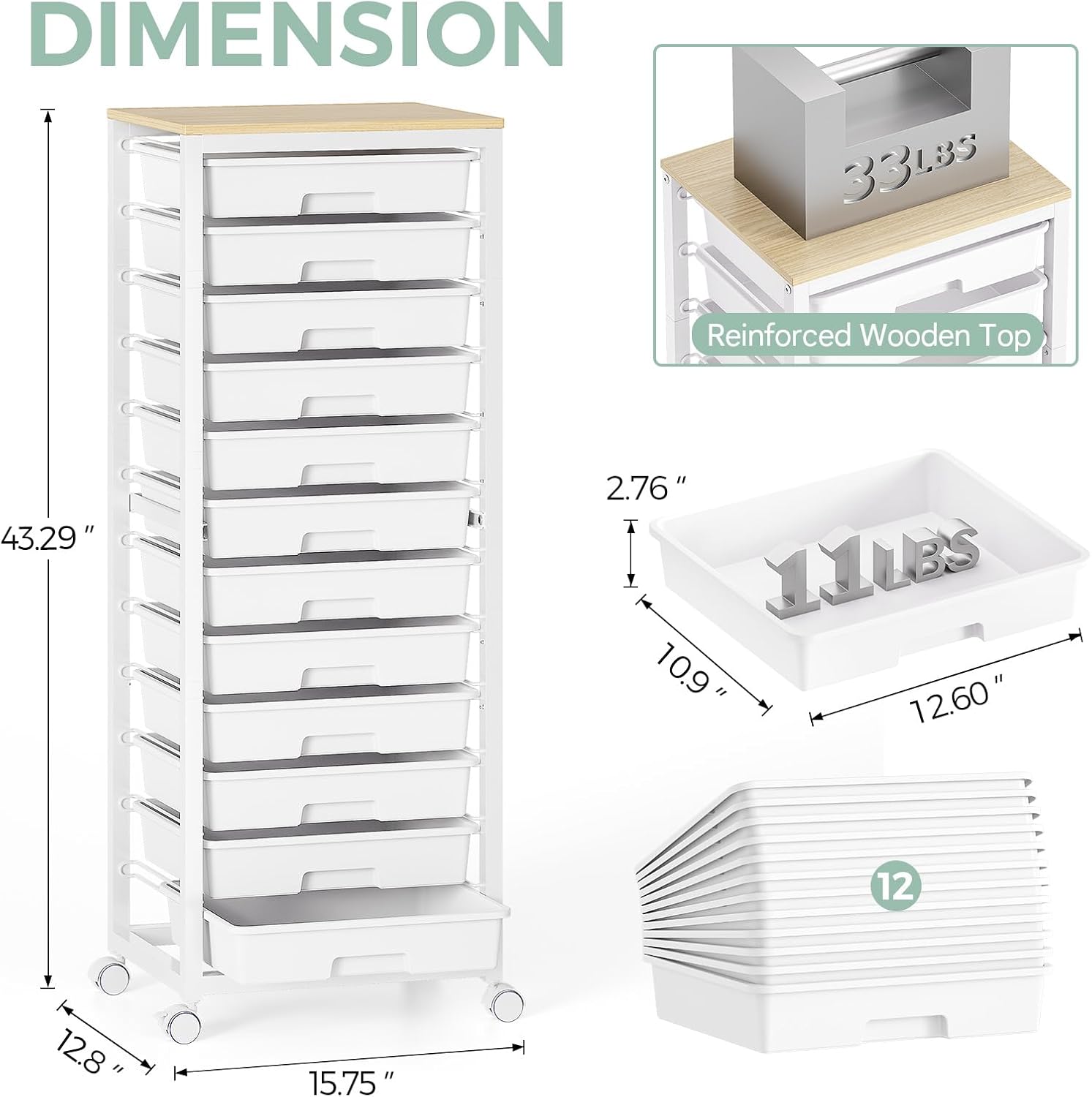 Rolling Cart with Drawers,12 Drawer Rolling Cart,Rolling storage cart with drawers,White Rolling Drawer Cart,Teacher Rolling Cart for Classroom Storage,Craft Cart with Wooden Tabletop - Image 2