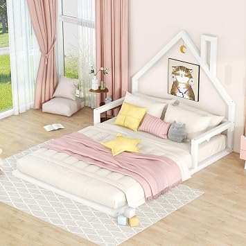 Wood Floor Bed with House-shaped Headboard, Full Size Cozy Bedroom Furniture