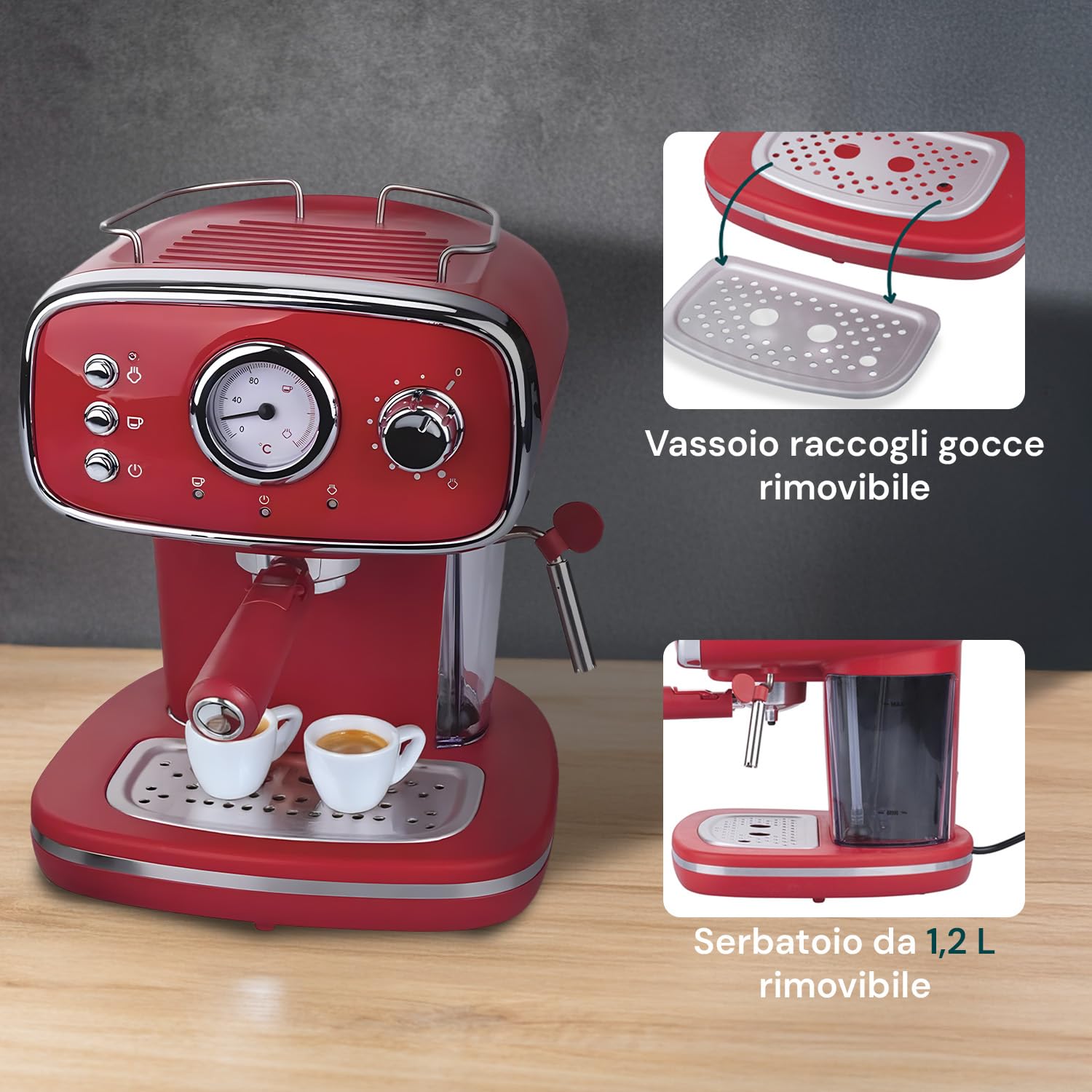 Avilia - Macchina Caffè Automatica 1100 W per Espresso e Cappuccino con Lancia Vapore, Compatibile con Cialde e Caffè Macinato, Serbatoio Rimovibile 1,2 L, Pressione 15 Bar