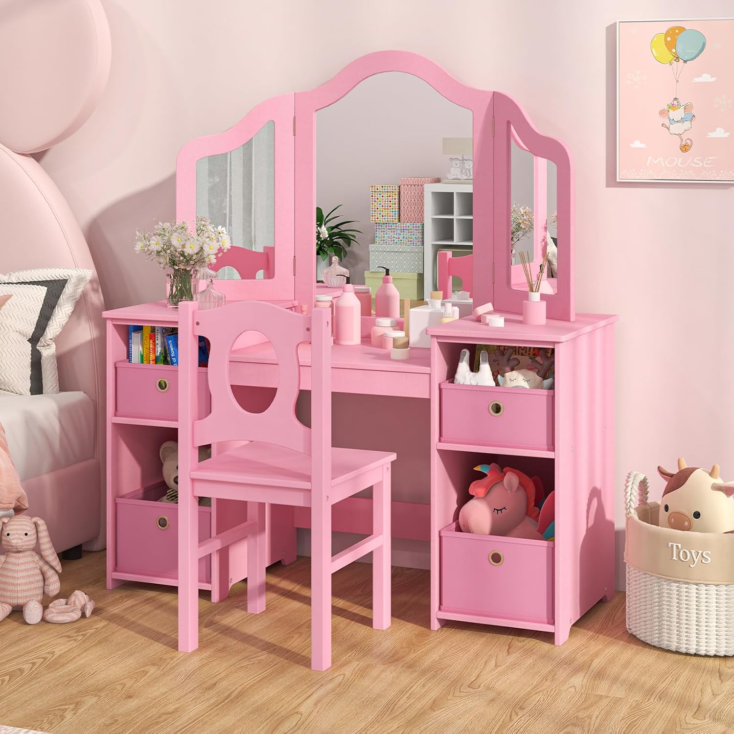 INFANS Kids Vanity, 2 in 1 Princess Makeup Desk and Chair Set with 4 Drawers Tri-Folding Detachable Mirror Large Storage Shelves, Wooden Dressing Table, Pretend Play Vanity Set for Toddler Girls
