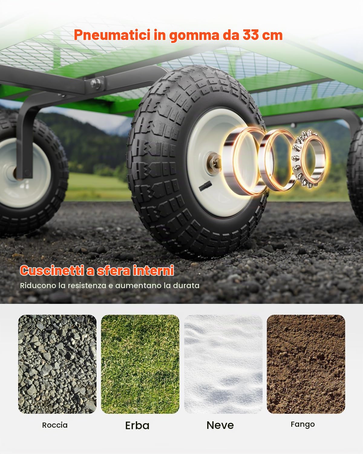VEVOR Carrello da Giardino in Acciaio 544,31 kg su Ruote, Carrello da Giardino Trainabile per Impieghi Gravosi, Rimorchio da Giardino in Metallo per Esterni con Pneumatici 330,2 mm per Tutti Terreni