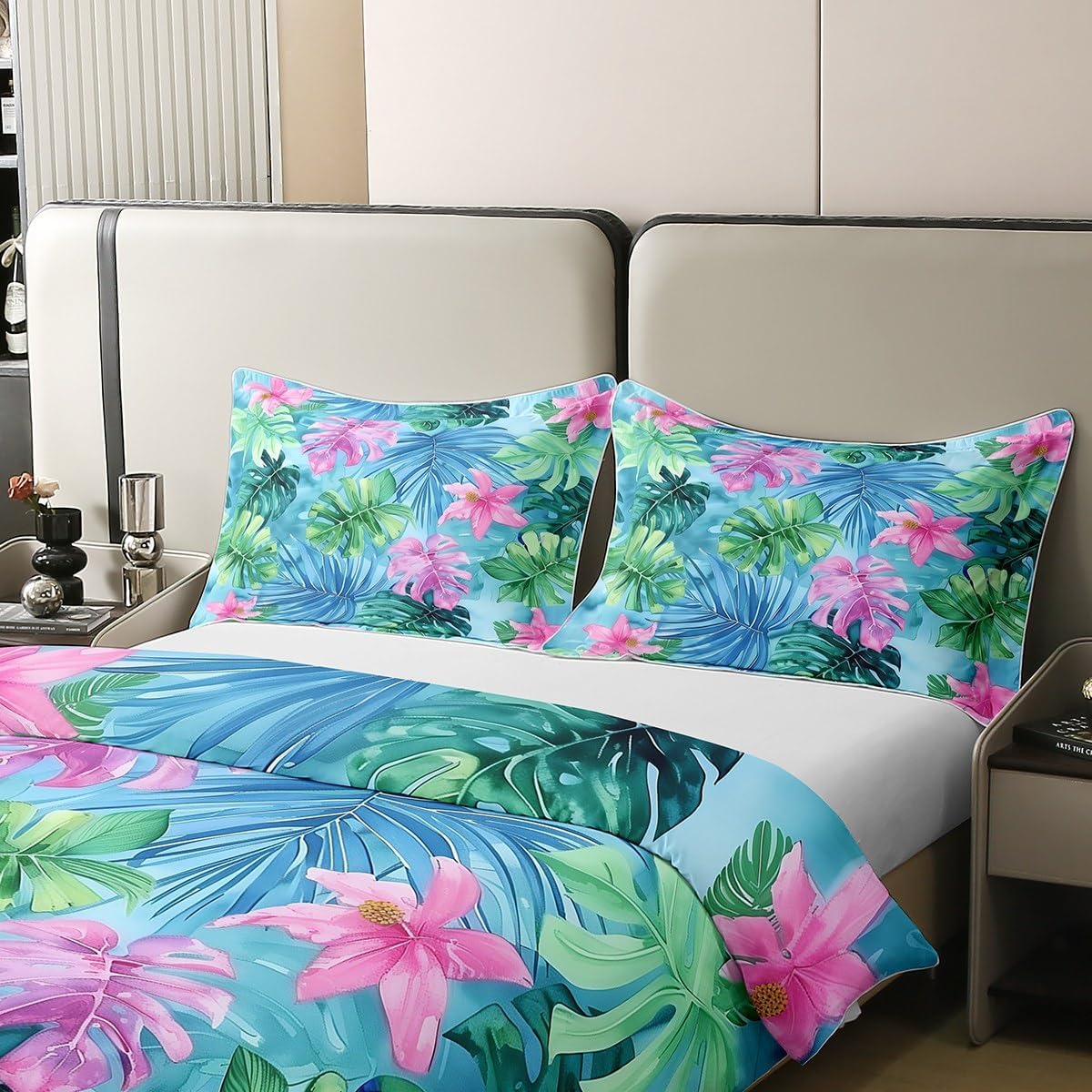 Castle Fairy Tropical Summer Duvet Cover Twin for Kids Teens,Palm Leaves Green and Pink 2 Pieces Duvet Cover,Flowers Hawaii Themed Comforter Cover (Not Comforter),Colorful Plants Quilt Cover