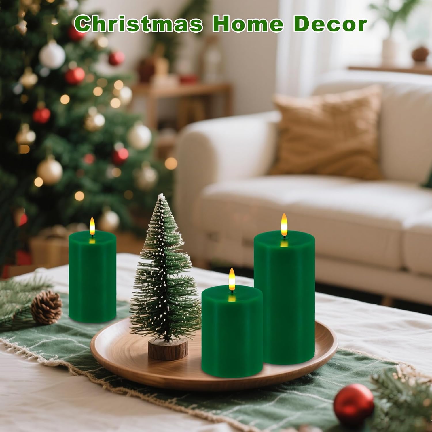 Green Flameless Candles, Set of 3 Flickering LED Candles with Remote & Timer, Dimmable Real Wax Electric Pillar Candles Battery Operated, Candles Light for Home St. Patrick's Christmas Decor (Green)