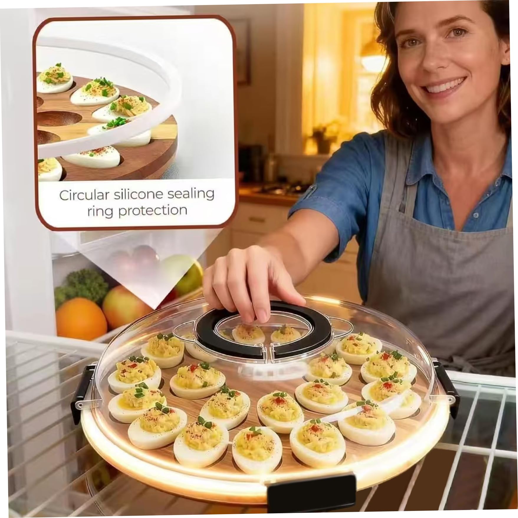 Bandeja para huevos rellenos con tapa, bandeja de madera de acacia con 24 compartimentos, portador de madera de acacia con asa para fiestas, almuerzos, bufés