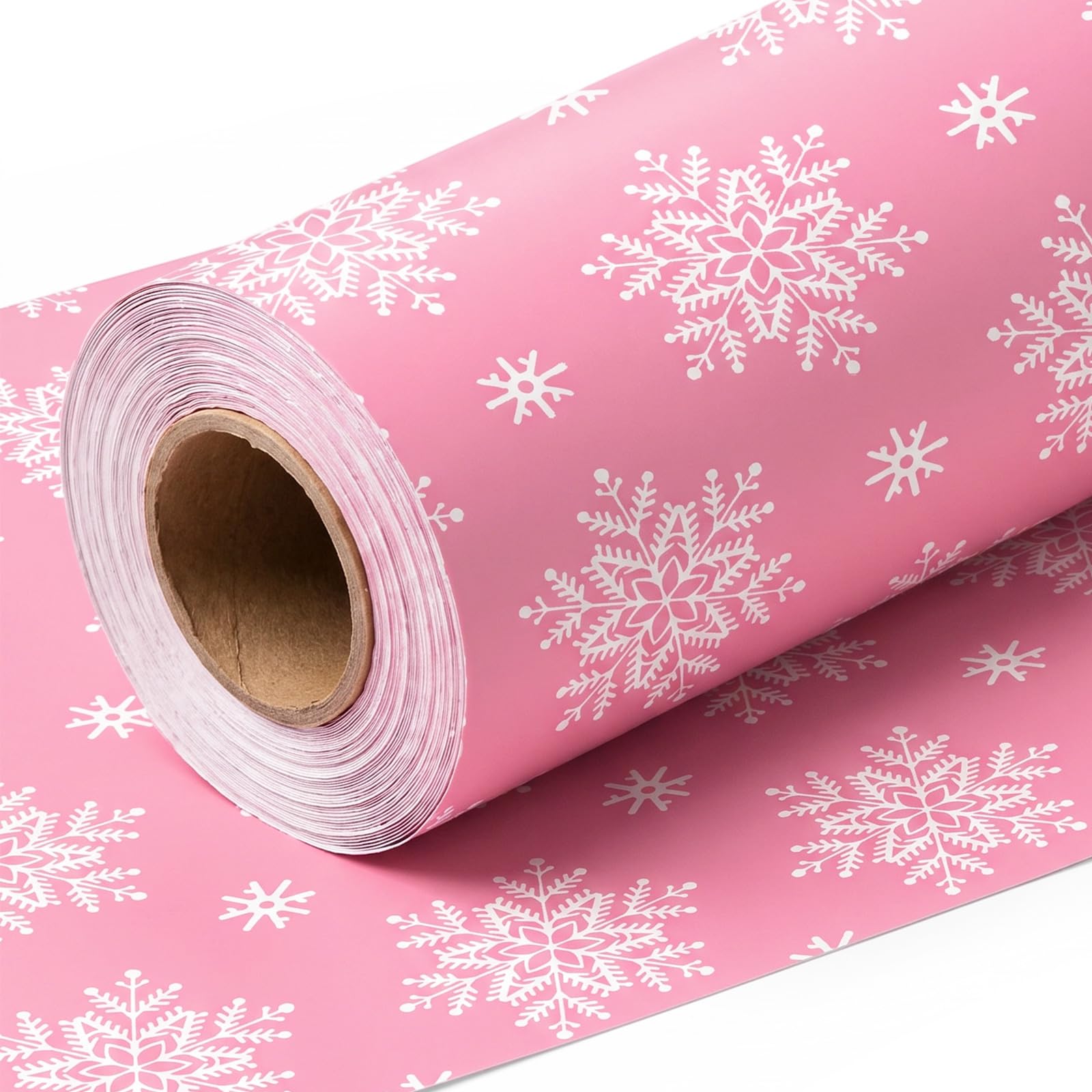 Pink Christmas Wrapping Paper Roll, 43cm x 10m Snowflake Wrapping Paper with 25 Yards Pink Ribbon, Girls Wrapping Paper Birthday for Christmas Birthday Parties Wedding and Holiday Gift Wrapping