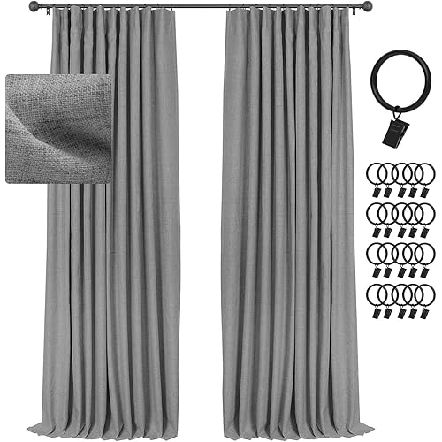 INOVADAY Blackout Curtains, 2-Panel Linen Textured 100% Thermal Insulated Room Darkening Sun Blocking Drapes for Bedroom, Nursery, Living Room + 20 Curtain Ring Clips - Dark Grey, 50''W x 72''L