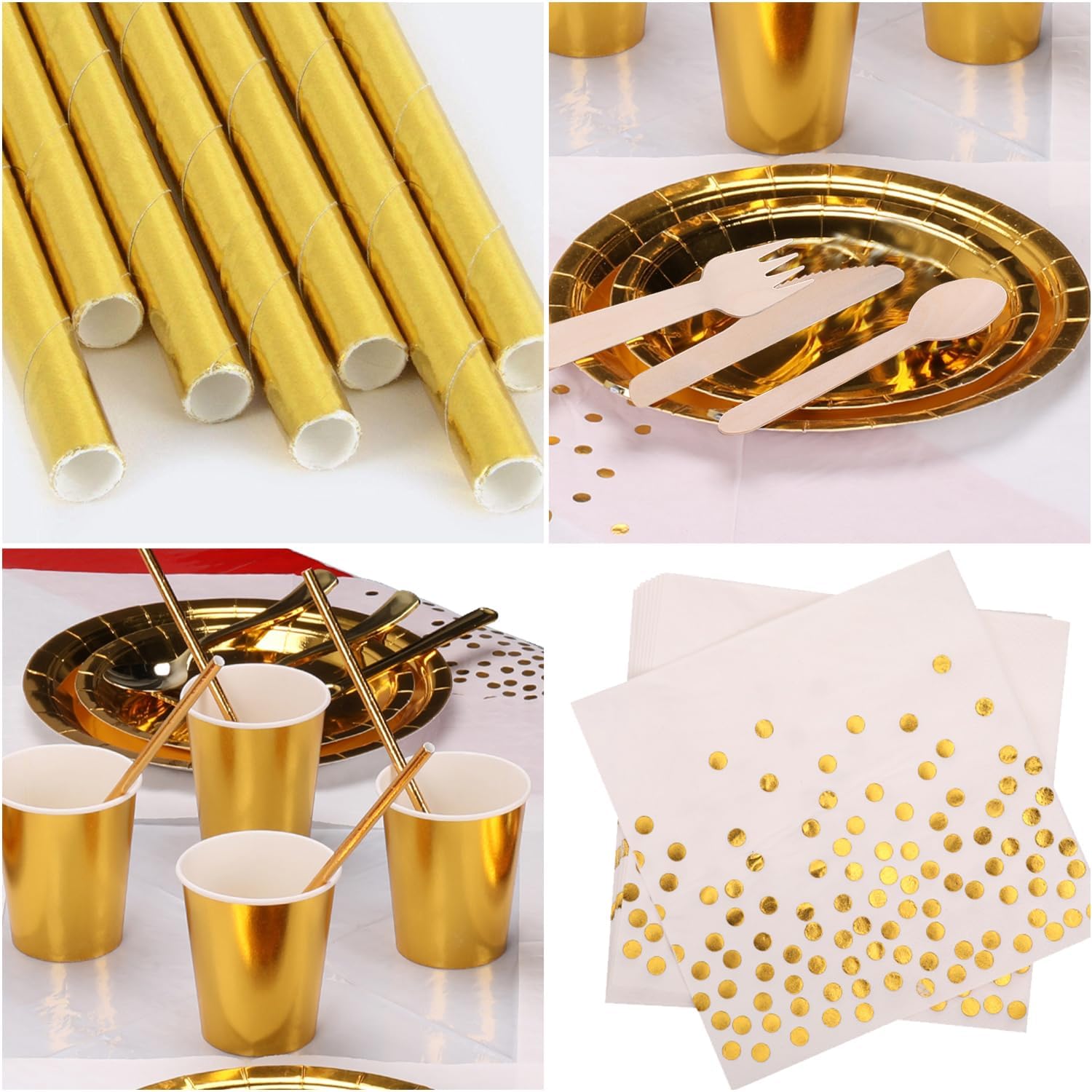 WedDecor 80pcs Paper Tableware Sets, Round Disposable Paper Straws, Plates, Cups & Napkins, Perfect for Picnics, BBQ, Birthday, Baby Shower, Wedding & Christmas Events, Midnight, Gold