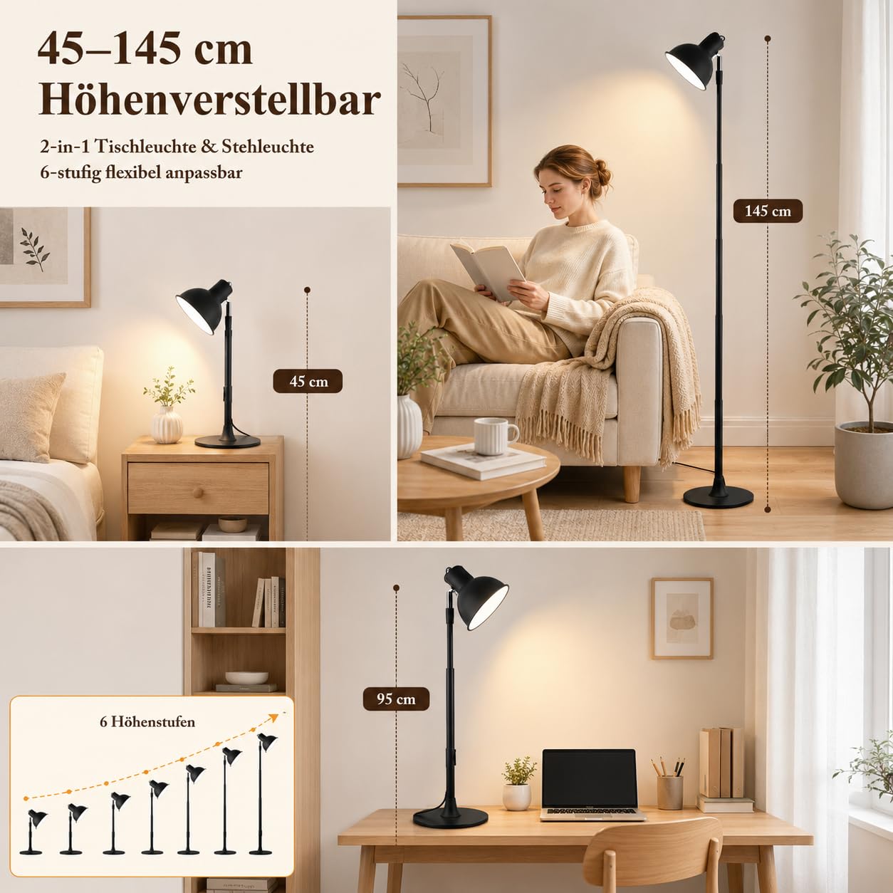 Rosnek LED Stehlampe Höhenverstellbar, Leselampe Dimmbar mit 3 Lichtfarben, 150° Schwenkbar Lampenkopf, 2-in-1 Stehleuchte & Tischleuchte für Wohnzimmer, Homeoffice, Esszimmer, Metall Schwarz