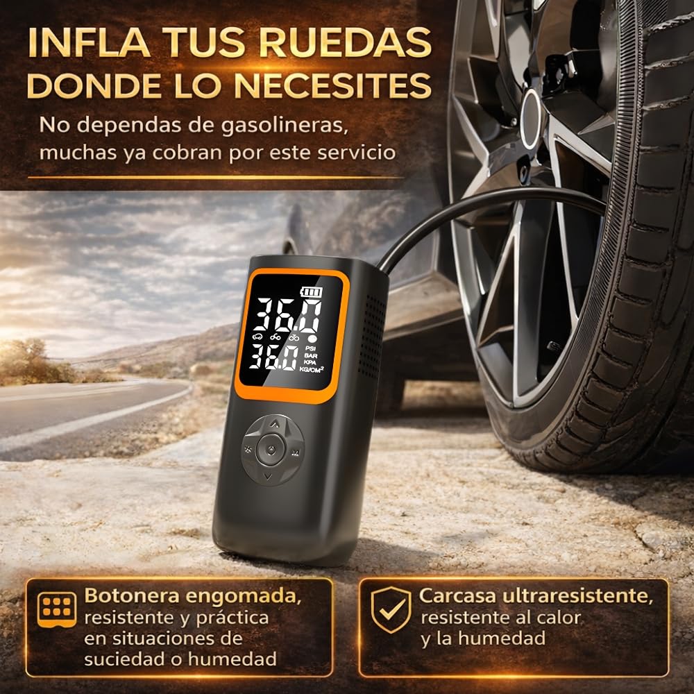 Compresor aire portatil coche, Batería 6000mAh y Conexión 12V, 150 PSI-10,3 BAR, Inflador ruedas coche con luz LED y power bank, Hinchador ruedas coche Ideal para emergencias, viajes y mantenimiento. - 3