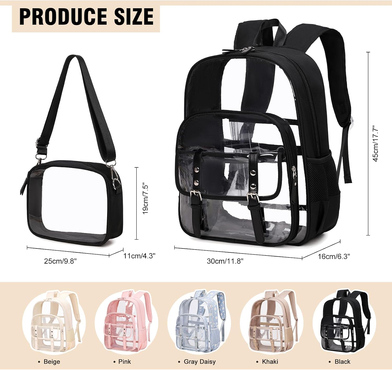 Scothen 3PCS Clear Backpack for Women Girls, Heavy Duty Transparent Bookbag for School, Fabric & PVC Transparent Backpack with Reinforced Strap, Capacity Leather Clear Bag for College, Travel image 3