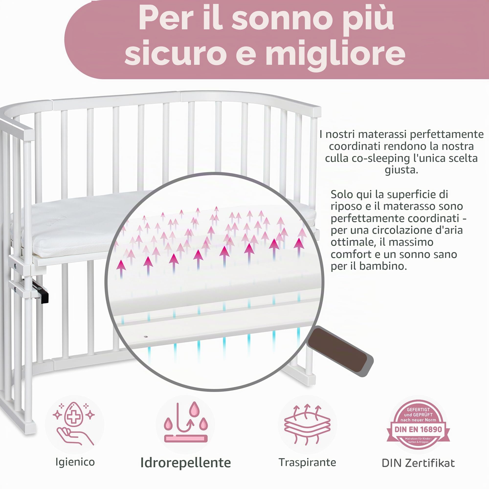 letto laterale originale per babybay in legno massello di faggio con materasso Classic Soft per giorno e notte I lettino regolabile in altezza e ecologico I lettino in crescita