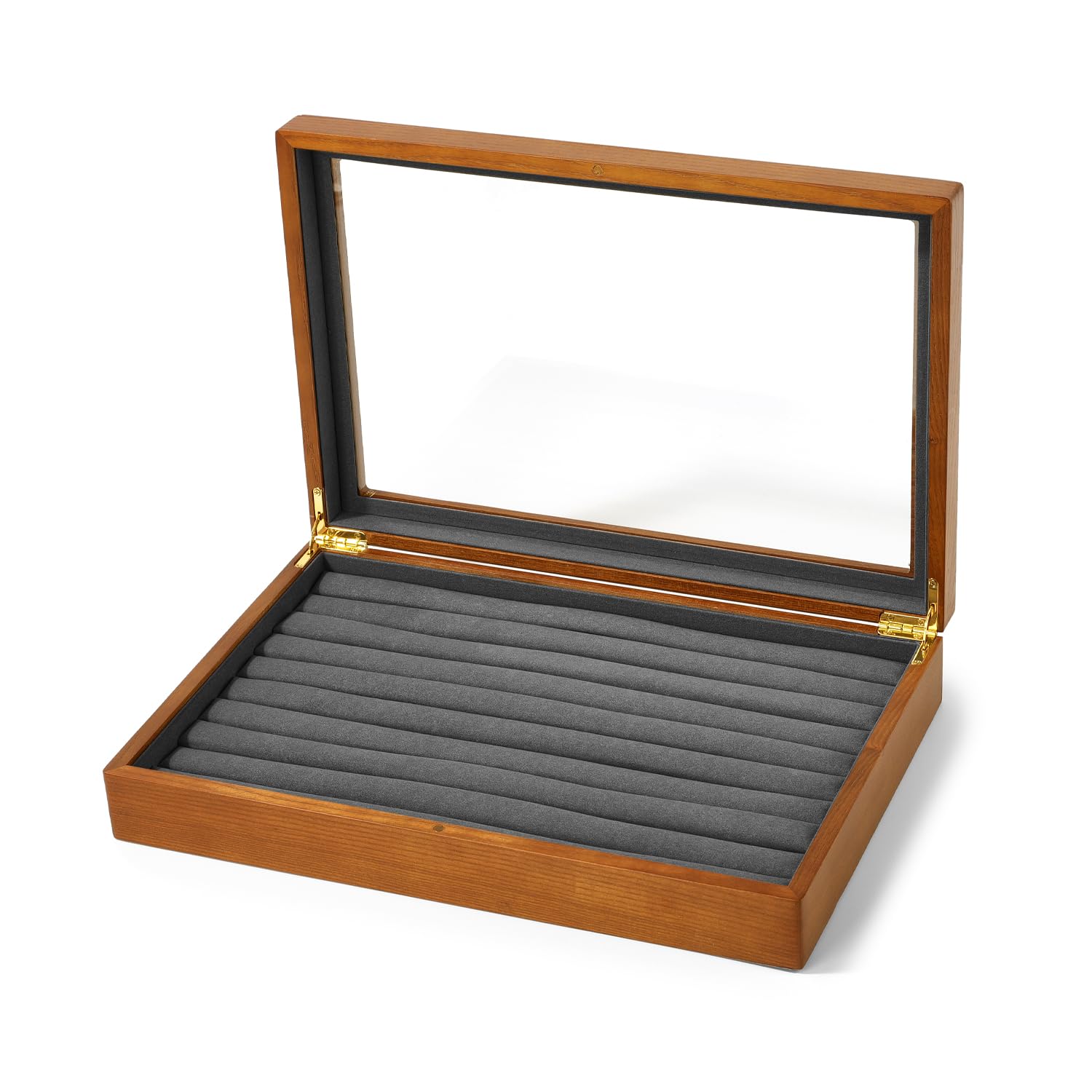 Oirlv Caja de almacenamiento con tapa de cristal de madera maciza con 9 ranuras para anillos y pendientes