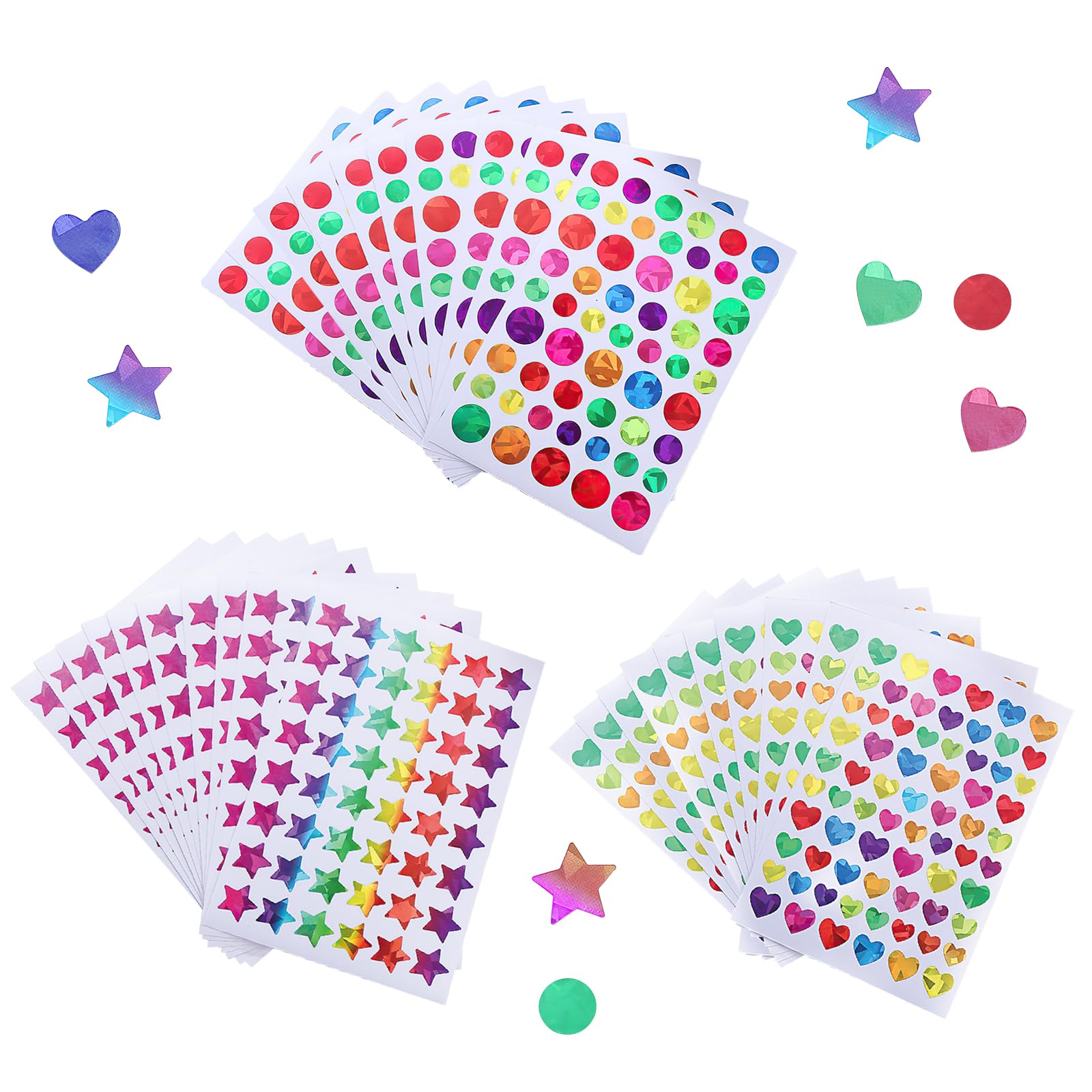 30 Sheet/1710 pcs Round Star Heart Stickers Labels, Coloured Star Metallic Stickers Reward Laser Glitter Reward Stickers for Scrapbooking Teachers School Office