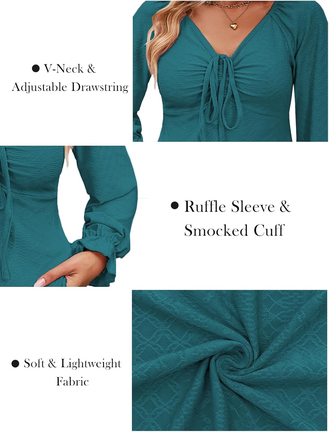 VISLILY Womens-Plus-Size-Tops Dressy V Neck Puff Ruffle Sleeve T Shirts Trendy Eyelet Blouses Casual Drawstring Loose Tunics - Image 4