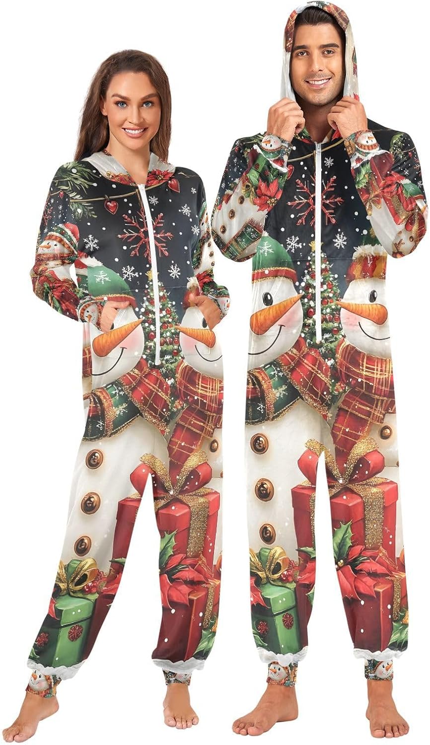 Snowman Poinsettia Winter Adult Onesie Pajamas for Unisex Novelty One Piece Costume Sleepwear