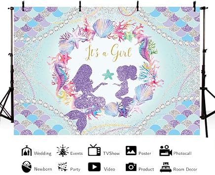 MEHOFOND 8x6ft Mermaid Theme Baby Shower Backdrop for Girls It's a Girl Baby Shower Photography Background Mermaid Scales Pearl Baby Shower Gender Reveal Party Cake Smash Photo Studio Props