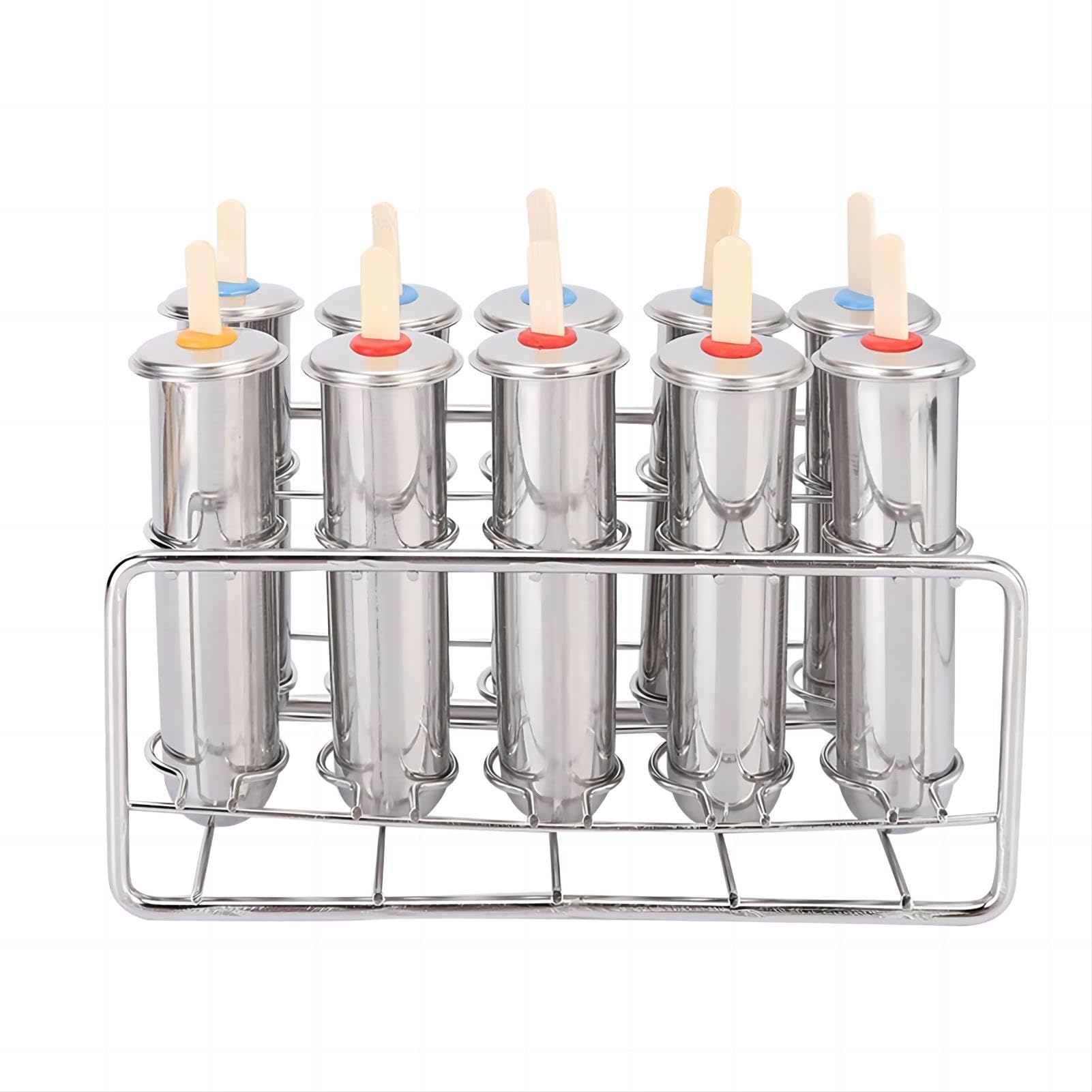 Ice Lolly Mould Kit Stainless Steel Popsicle Mould Reusable DIY Frozen Ice Cream Pop Molds with Sticks Popsicle Bags Base Cleaning Tool Round