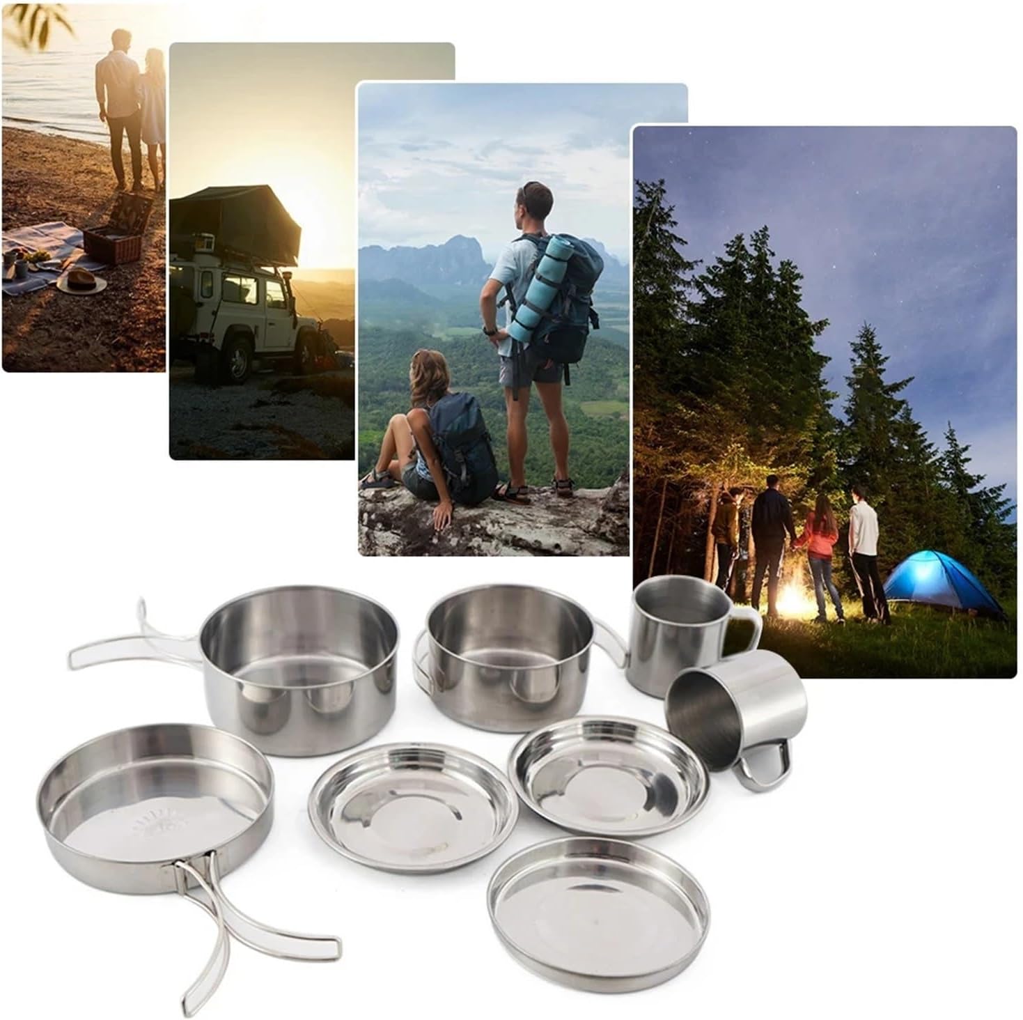 8pcs/Set Camping Cookware Mess Kit Stainless Steel Cooking Pot and Pan Set for Outdoor Hiking Backpacking