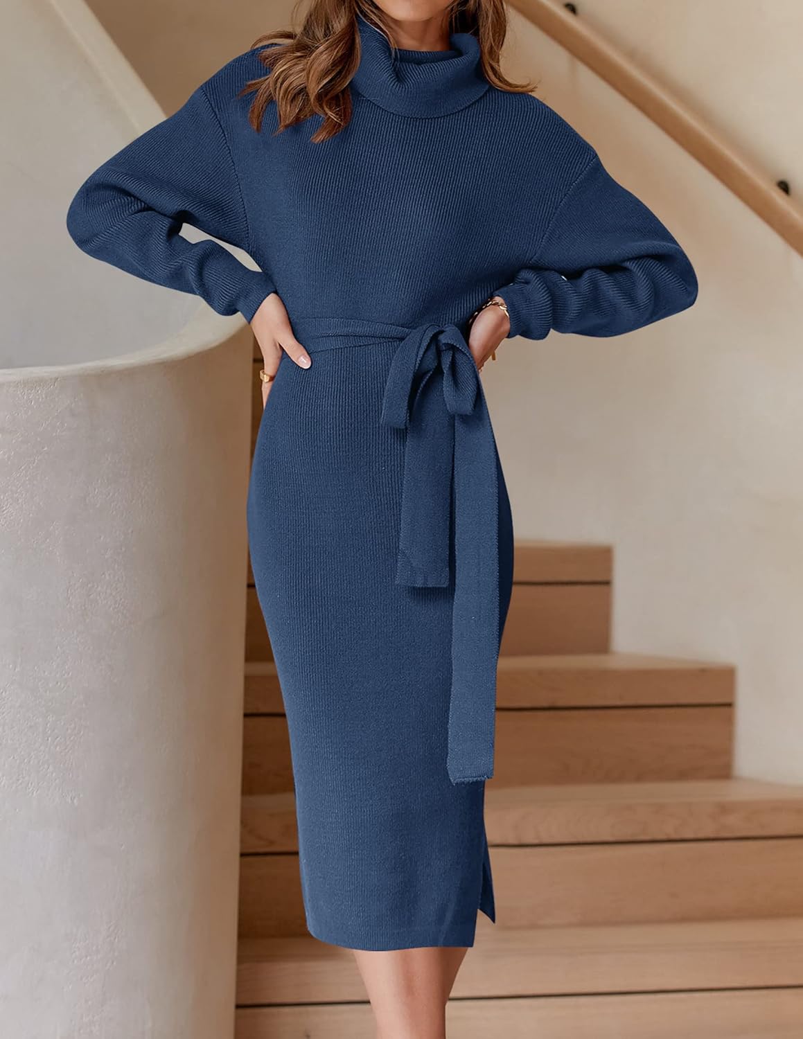ZESICA Women's Turtleneck Sweater Midi Dress Long Sleeve Ribbed Knit Bodycon Slit Dress with Belt