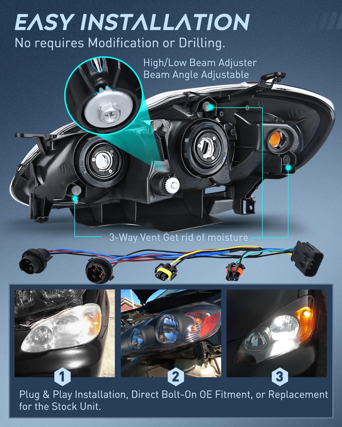 Nilight Headlight Assembly for 2003 2004 2005 2006 2007 2008 Toyota Corolla Headlamps Replacement Black Housing Amber Reflector Driver and Passenger Side