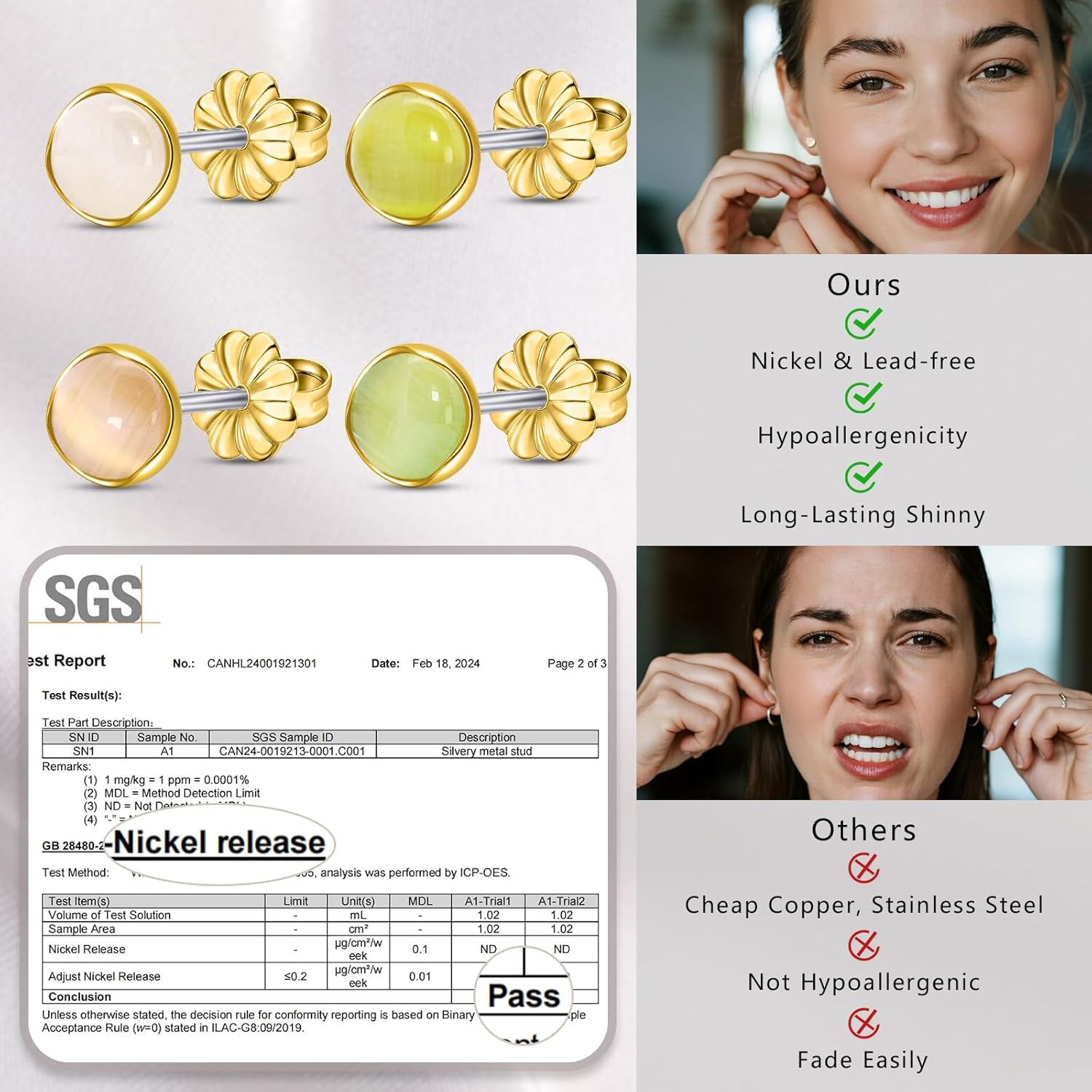 Limerencia Titanium Earrings, 20G 6mm Hypoallergenic Cat's Eye Butterfly Back Earrings for Sensitive Ears, Implant Grade Pure G23 Titanium Studs, Jelly Gold Tone, Minimalist Stud Earrings for Women - Image 5