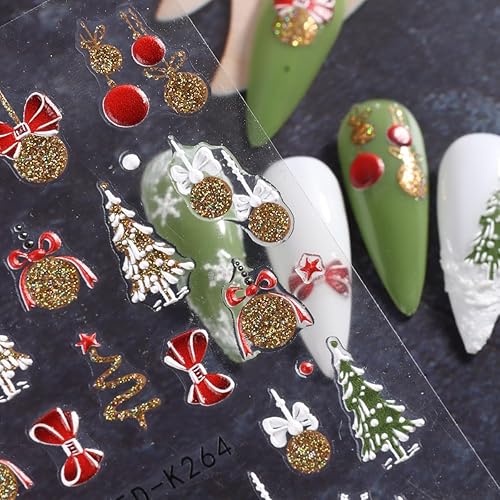 Miniatura 9 de Calcomanías de arte de uñas de Navidad, 4 hojas de calcomanías de uñas de copo de nieve en relieve 5D, copo de nieve colorido, campana, árbol de