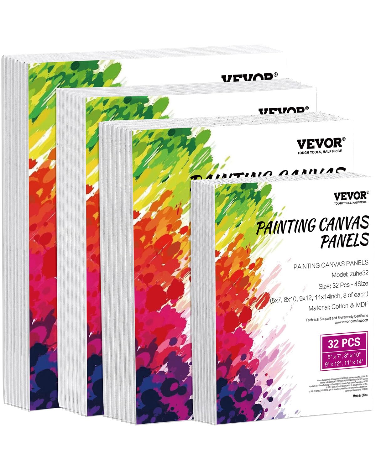 VEVOR 32 PCS Paneles de Lienzo para Pintar, 127 x 178 mm/​203 x 254 mm/​229 x 305 mm/​280 x 355 mm para Pintura Acrílica, Al Óleo, Acuarela, Lienzo para Pintar para Niños y Profesionales, Blanco