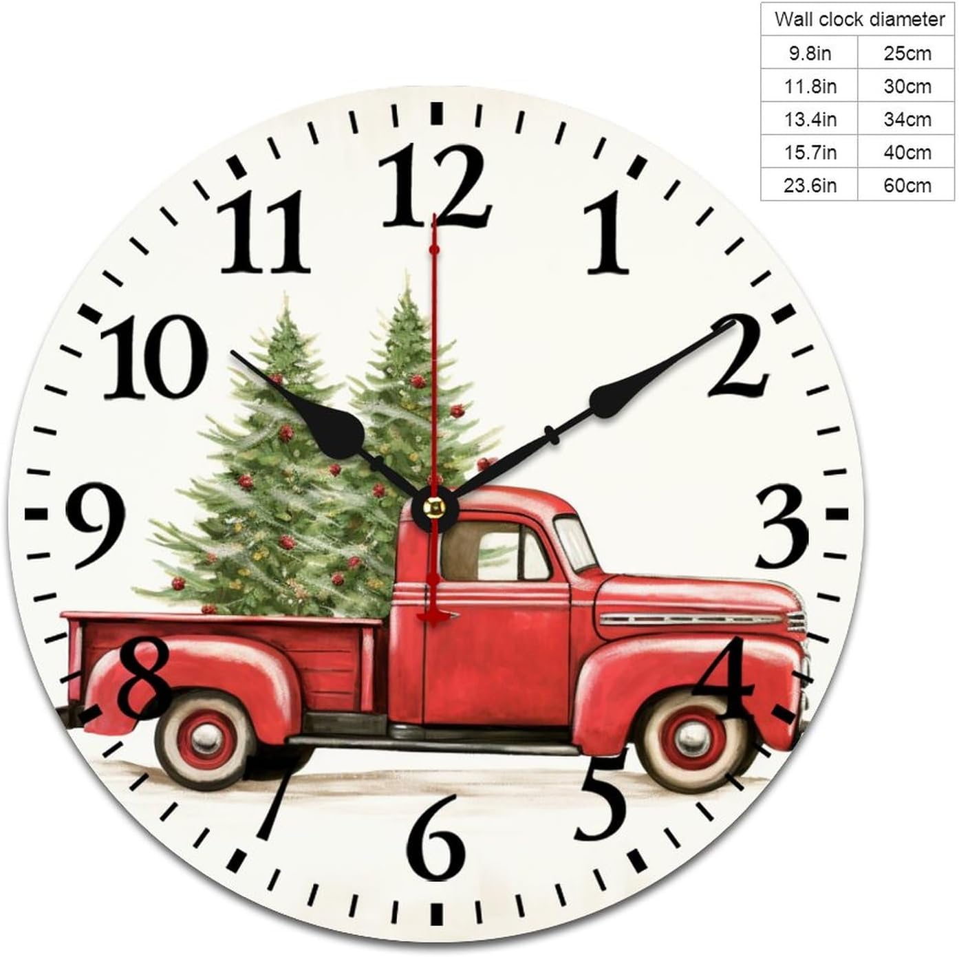Vintage Red Truck with Christmas Tree Wall Clock Christmas Tree and Red Vintage Truck Rustic Wooden Art Hanging Clock Battery-Powered with Quartz Movement Living Room Office 16 Inch Round