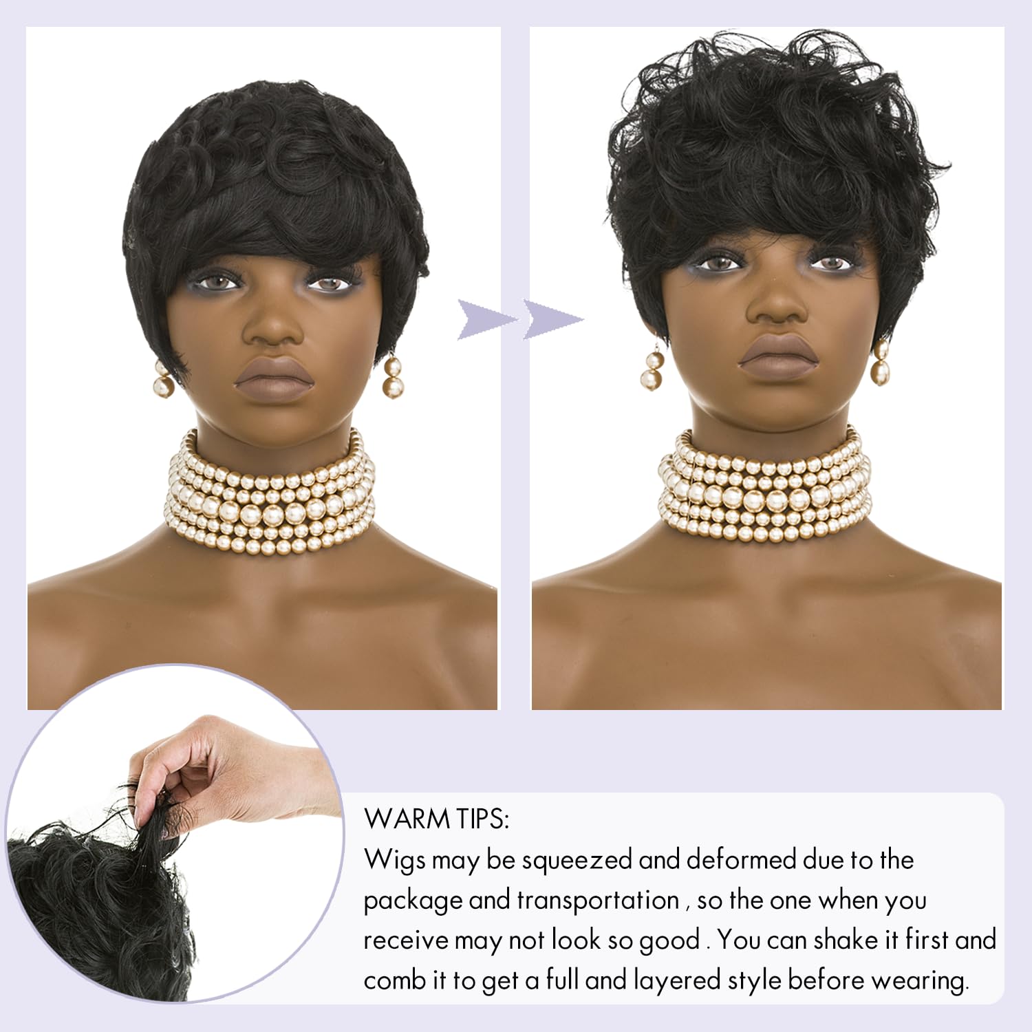 100% Human Hair Short Wigs for Black Women Short Curly Pixie Cut Wig Human Hair Black Wigs with Bangs Bob Brazilian Remy Human Hair wigs None Lace Front Wig (black)