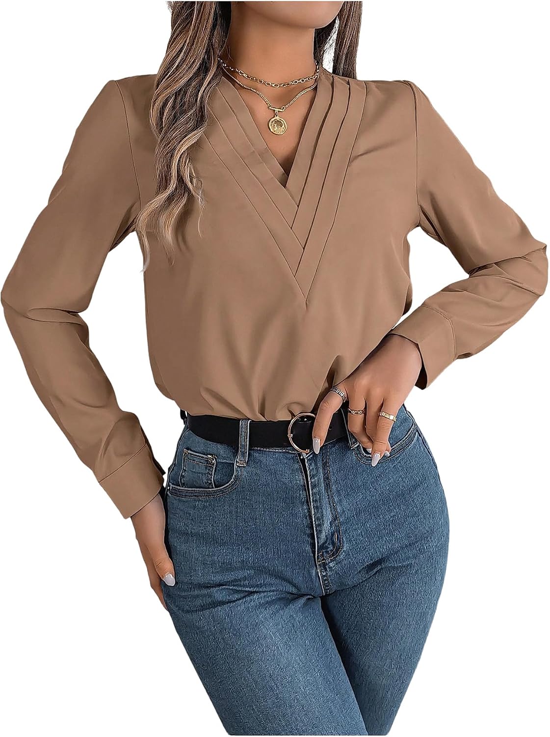 GORGLITTER Women's V Neck Work Blouse Color Block Button Long Sleeve Office Business Dressy Corporate Outfits 2026