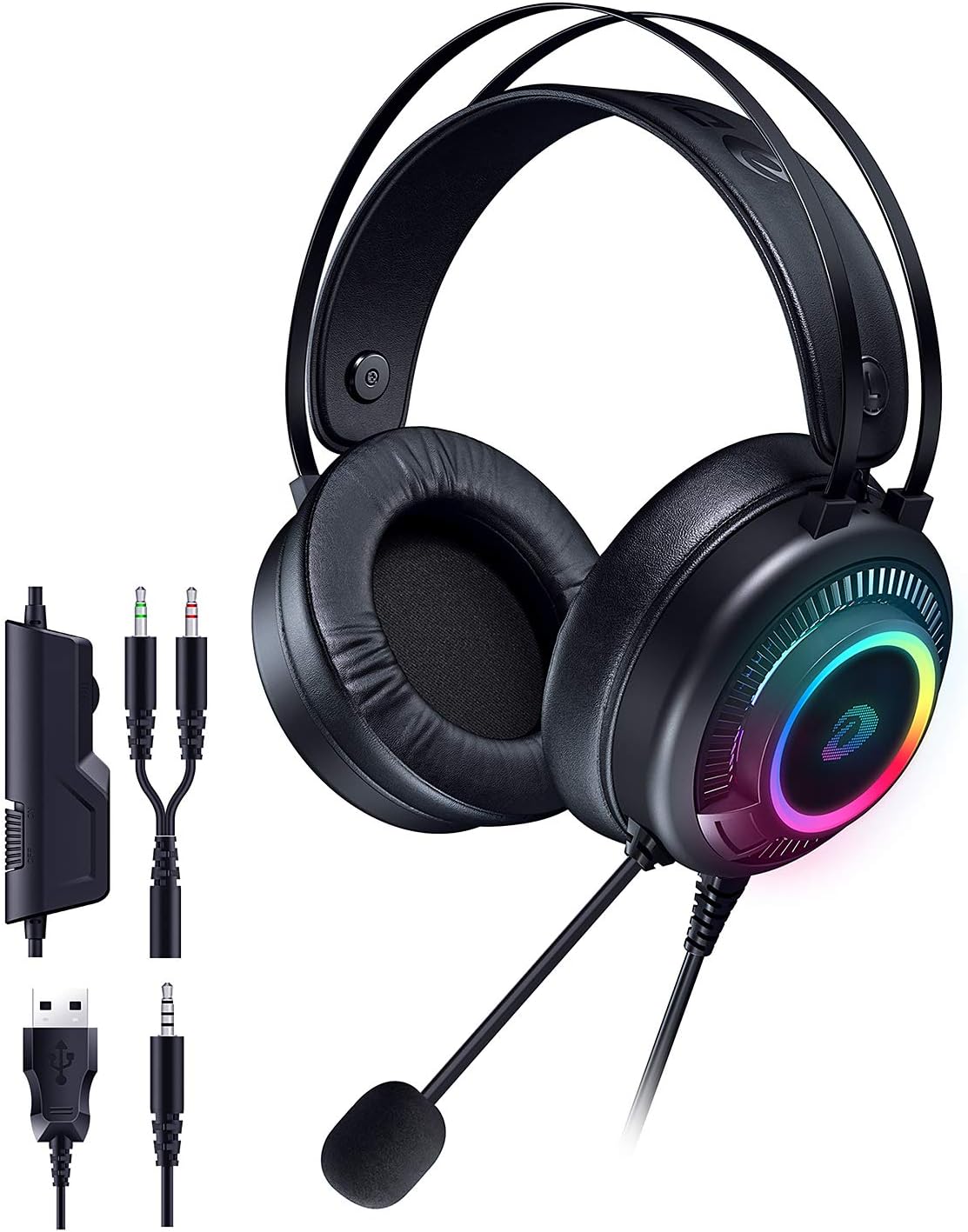 DAREU Gaming USB Headset with 3.5mm for PS4/5 Xbox One with Stereo Surround Sound, Headphones with Noise Cancelling Mic, RGB Light, Bass Surround, Soft Memory Earmuffs for PC Laptop Mac Nintendo