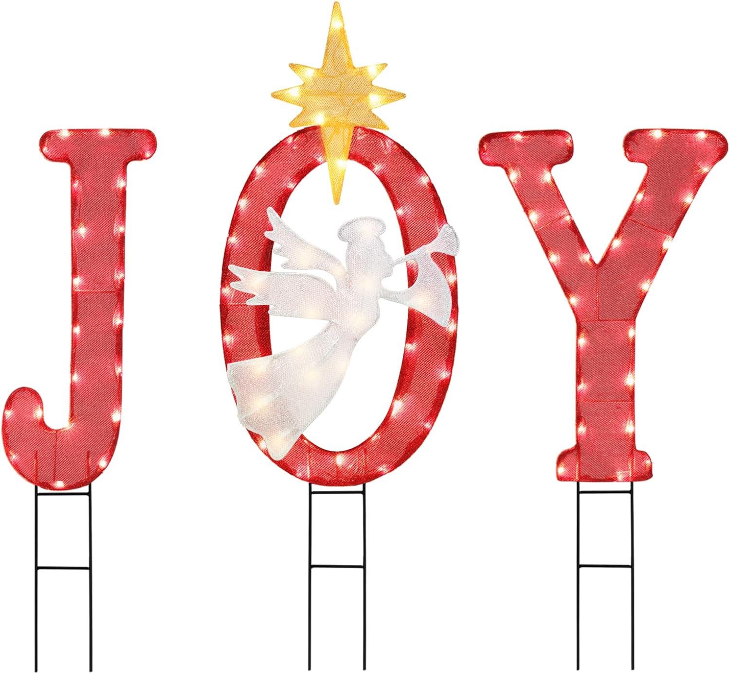 Joy Chrismas Angel Yard Sign Outdoor Decorations, 3 PCS 45 Inch High Large Yard Garden 100 Lights Signs Decorated with Gold Star for Winter Holiday Home Pathway Lawn Walkway Display Decor