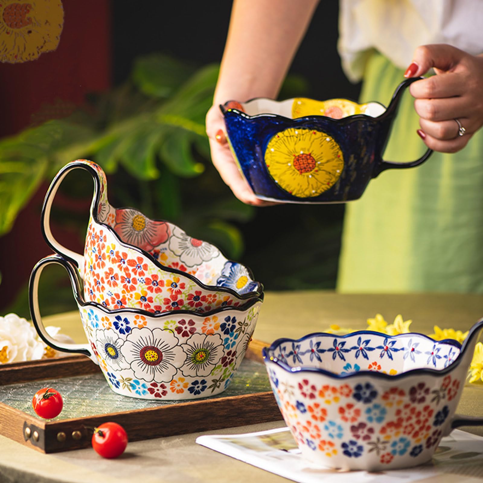 Grand bol à ramen en céramique de 1 000 ml, passe au micro-ondes, bol à soupe, grande tasse à soupe (fleur-A)