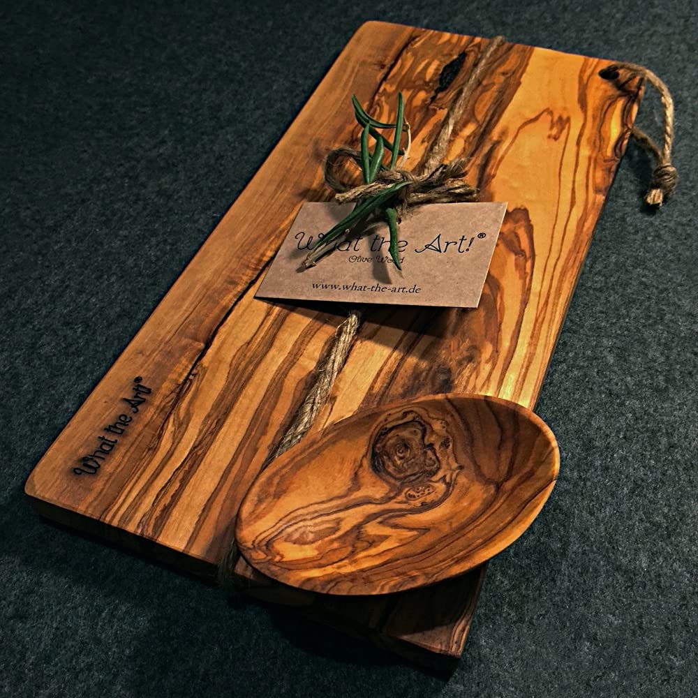 What the Art!® Olive Wood «Karo» M | Tabla de cortar de madera de olivo + cuenco + regalo | 30 x 15 x 2 cm
