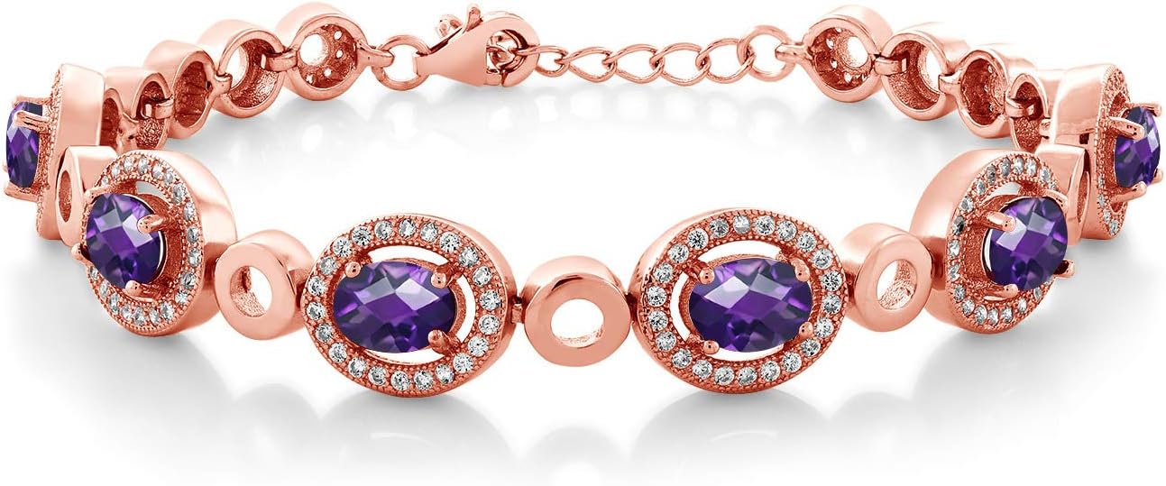 Gem Stone King 18K Rose Gold Plated Silver Gemstone Birthstone Tennis Bracelet For Women | Oval 7X5MM | 7 Inch with 1 Inch Extender | Fine Jewelry Gifts for Her Mom Women Wife