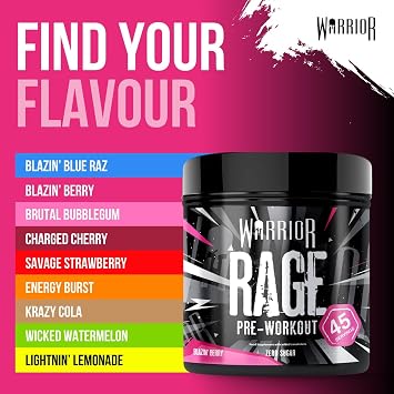Warrior Rage Pre Workout Powder 392g (45 Servings) – 300mg Caffeine High Stim Energy Drink Supplement + Beta-Alanine, Creatine, BCAA, Taurine, Citrulline & Arginine AAKG for Muscle – Blazin' Berry