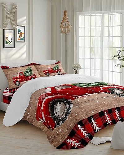 Miniatura 3 de Juego de fundas de edredón de Navidad tamaño Queen, camión rojo con carga de árbol de Navidad en la tabla de madera, juego de funda de edredón de 4