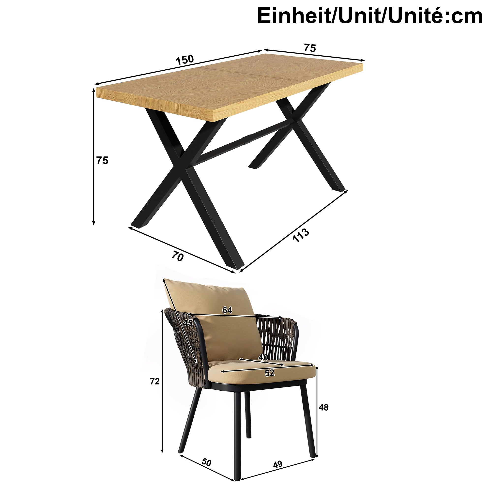 Moderno set da pranzo per esterni, set da giardino in rattan, per il tempo libero e la riunione per più persone, struttura in ferro, intrecciato, cuscino incluso.