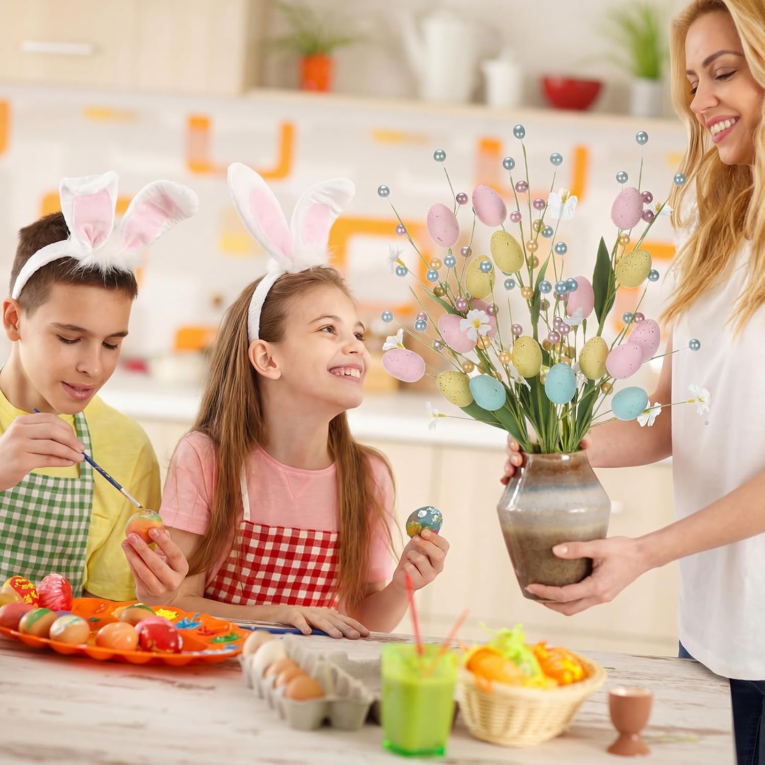 Chiisong 3 Pcs Artificial Easter Egg Flower Picks, Easter Table Centerpieces Decoration Floral Spray with Egg Colorful Berries Stems for Spring Vase Party Office Home Flower Arrangement