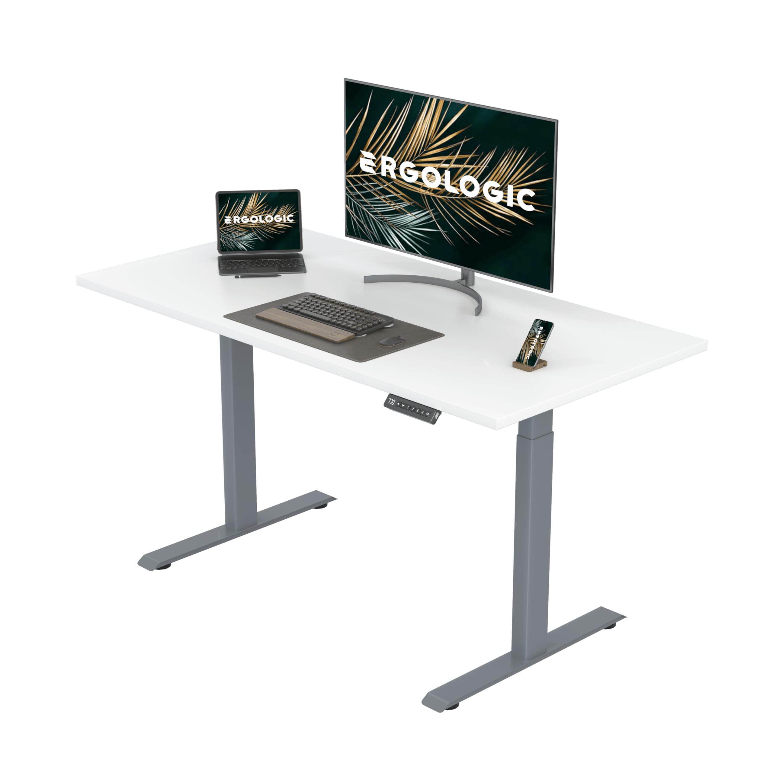 Ergologic Electric Height Adjustable Table for Home Office Work - Dual Motor 2 Stage - Ergonomic Sit to Standing Desk, 100 KG Capacity, Grey Color Frame - with Frosty White, 1500mm x 750mm Top