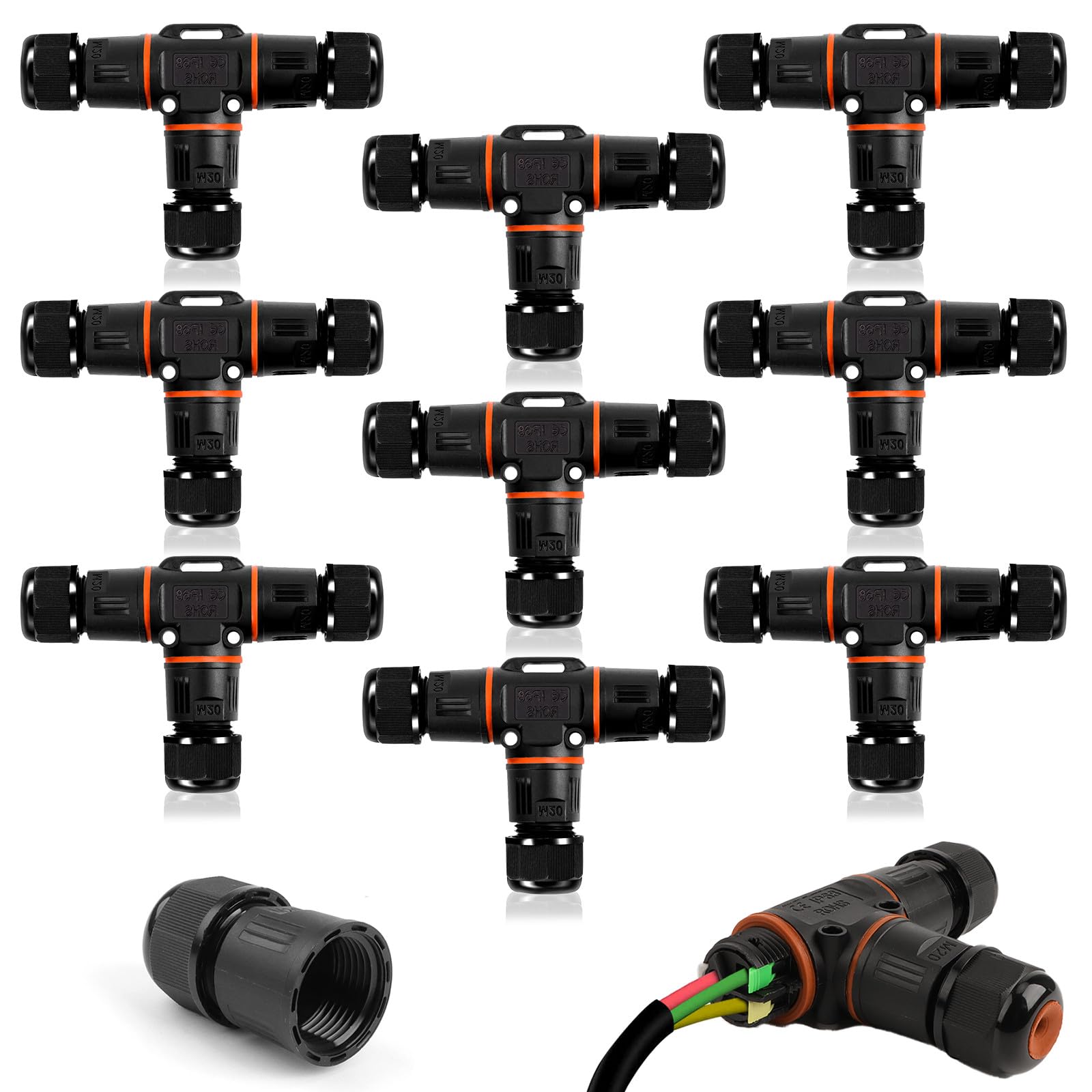 9 Pièces Boîte de Jonction IP68 Connecteur Étanche Forme de T Connecteur Électrique Étanches Boîte de Dérivation Extérieur Connecteur Câbles 3 Voies Ø 3-12 mm
