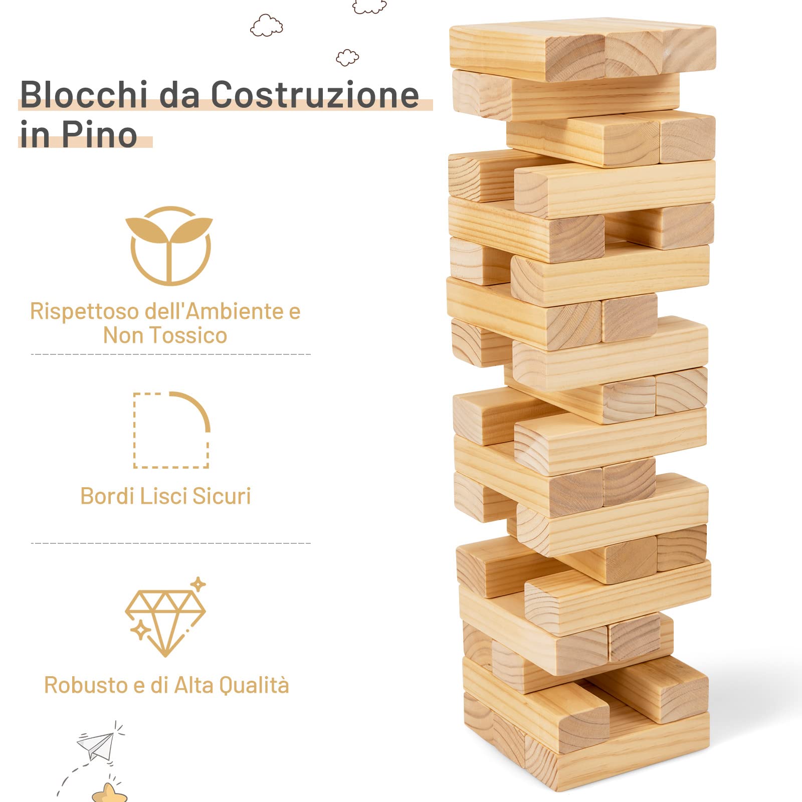 RELAX4LIFE Torre Traballante in Legno di Pino da Sottrarre e Costruire, con 54 Blocchi Impilabili, Dado, Borsa di Trasporto Portatile, per Bambini e Adulti