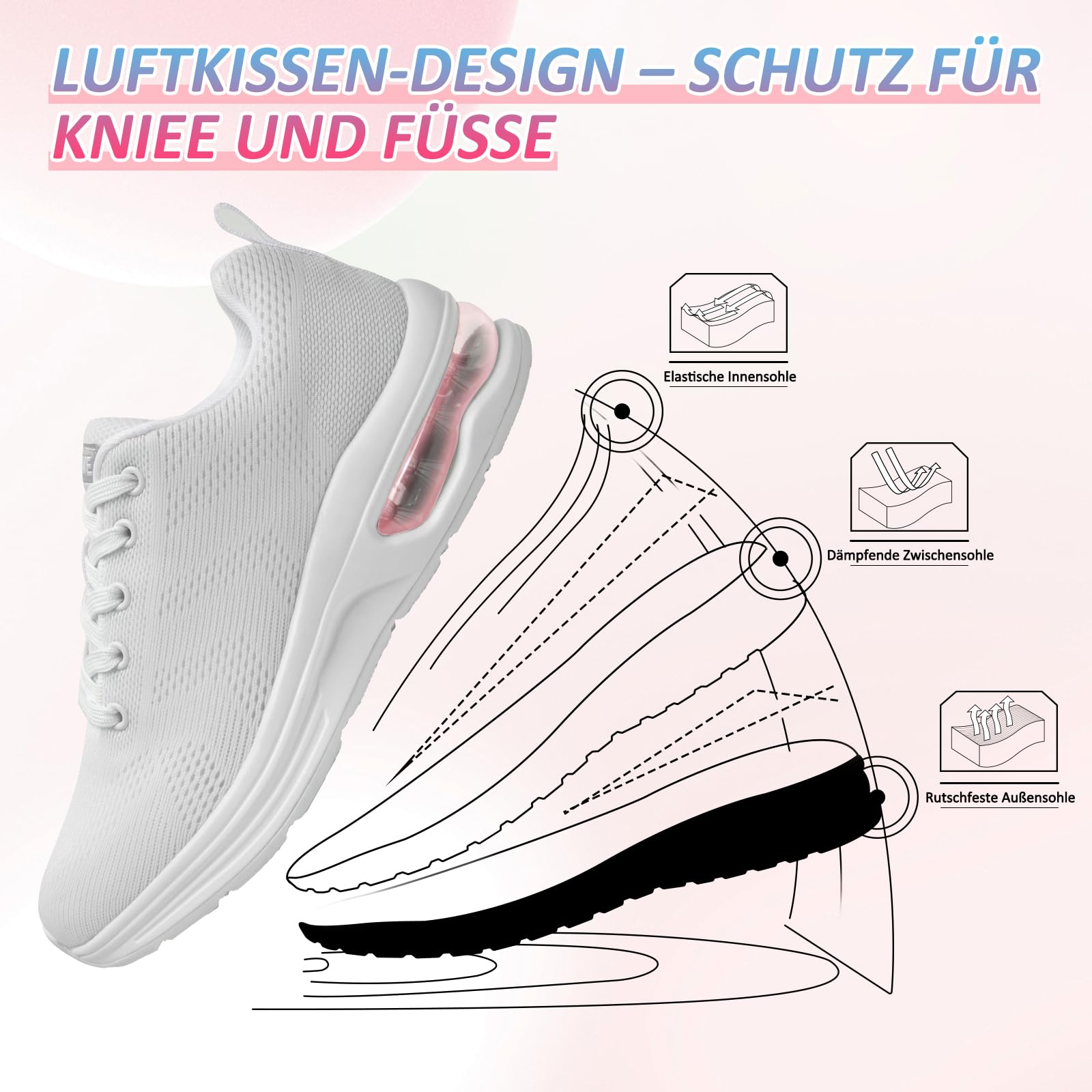 Laufschuhe Damen Turnschuhe Sportschuhe Damen Sneaker Luftpolster Stoßdämpfend Joggingschuhe Orthopädische Schuhe Leichte rutschfest Hallen Fitnessschuhe Atmungsaktiv Walkingschuhe Womens Trainers