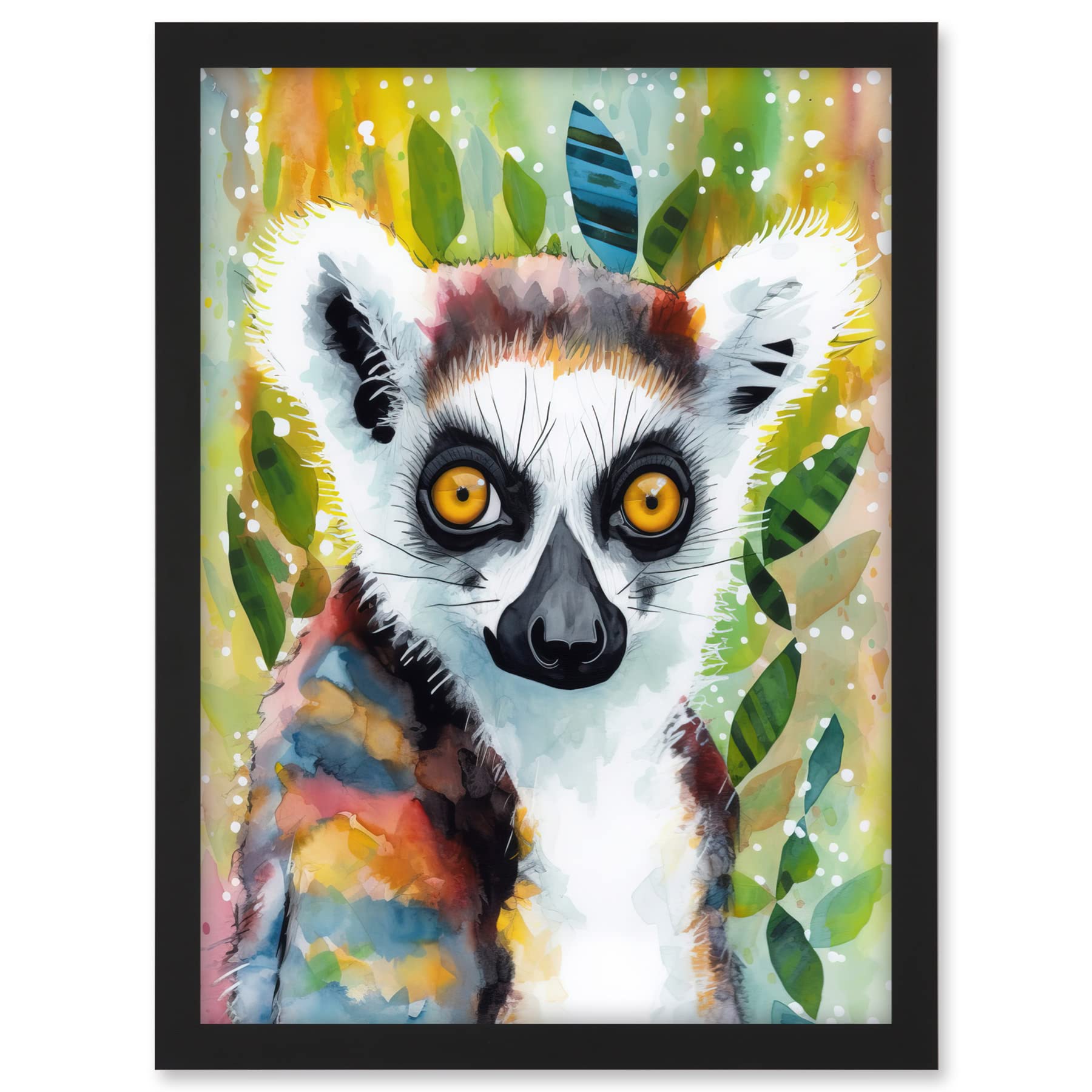 Artery8 Lemur Portrait Folk Art Watercolour Painting Artwork Framed A3 Wall Art Print