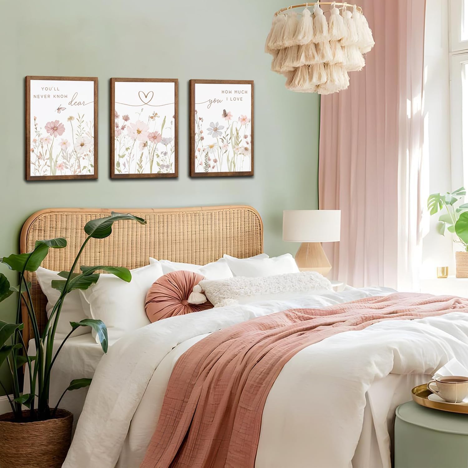 Rustic Floral Wall Art Set of 3, Watercolor Wildflower Prints with Heart Line and Inspirational Quotes Neutral Botanical Canvas Decor for Bedroom Living Room Nursery Home Decor 12x16 in Wood Framed